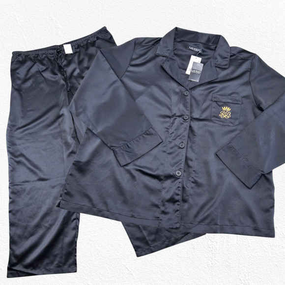 Lauren Ralph Lauren Other - Lauren Ralph Lauren Black Embroidered Crest Satin Pajama PJ Set Size 2X NWT